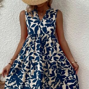 Cute Summer Blue Leaf Dress BRAND NEW Vacation Comfort